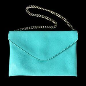 J CREW Teal Turquoise Purse Handbag Leather Envelope Clutch Shoulder Bag Chain